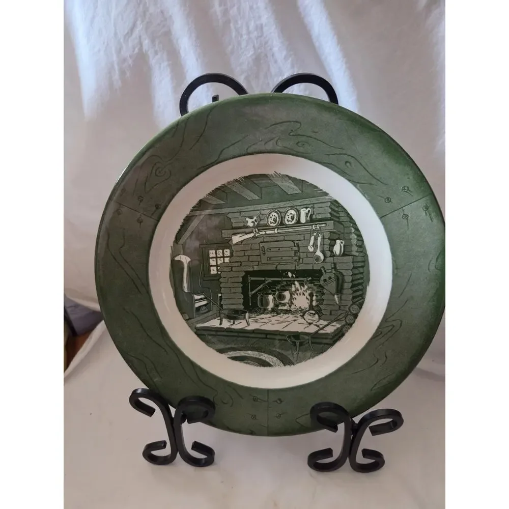 4 Colonial Homestead Royal Green Home Scene Dinner Plates Set Vintage 9 7/8
